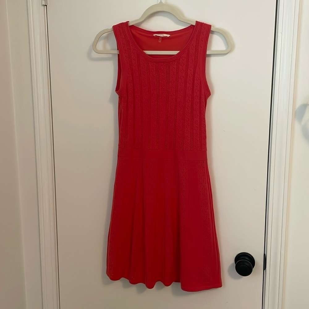 Trina Turk Coral Orange Crochet Cotton Ribbed Knit Skater Flare Dress